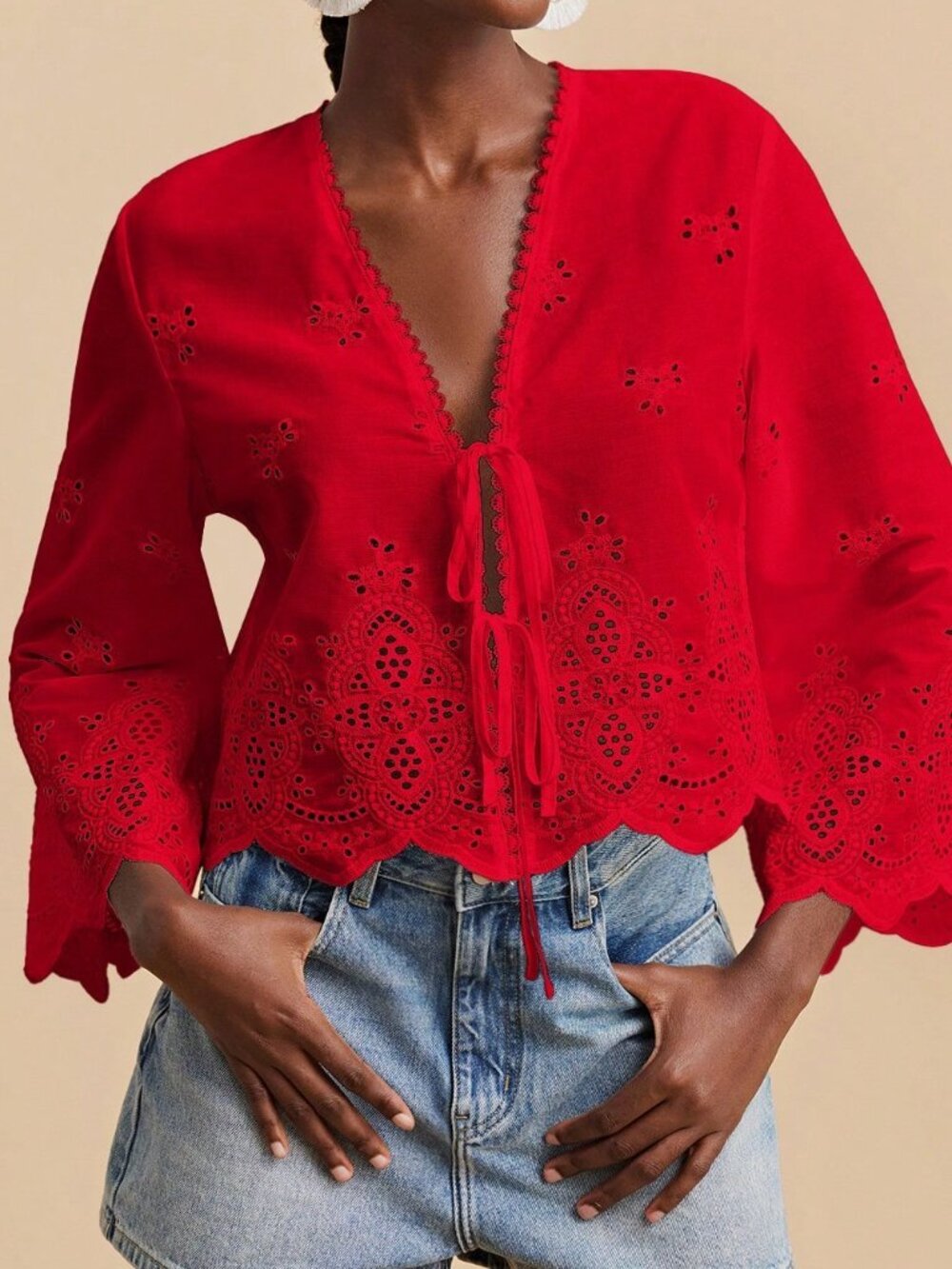 Red Casual Women's Deep V Neck Woven Blouse With Flare Sleeves